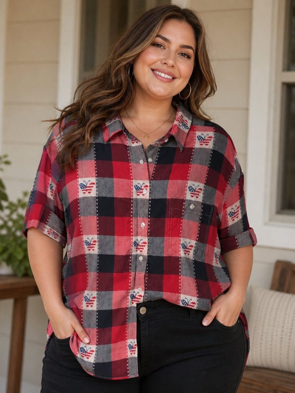 Liz & Me Red, Navy and Gray Plaid Short-Sleeve Button-Down Shirt– Size 5X